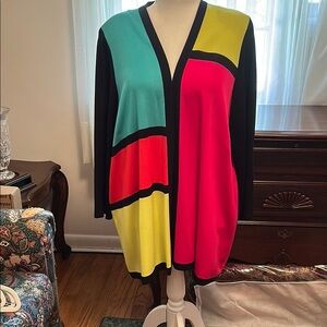Misook Colorblock Cardigan in Black, Red, Yellow, and Teal